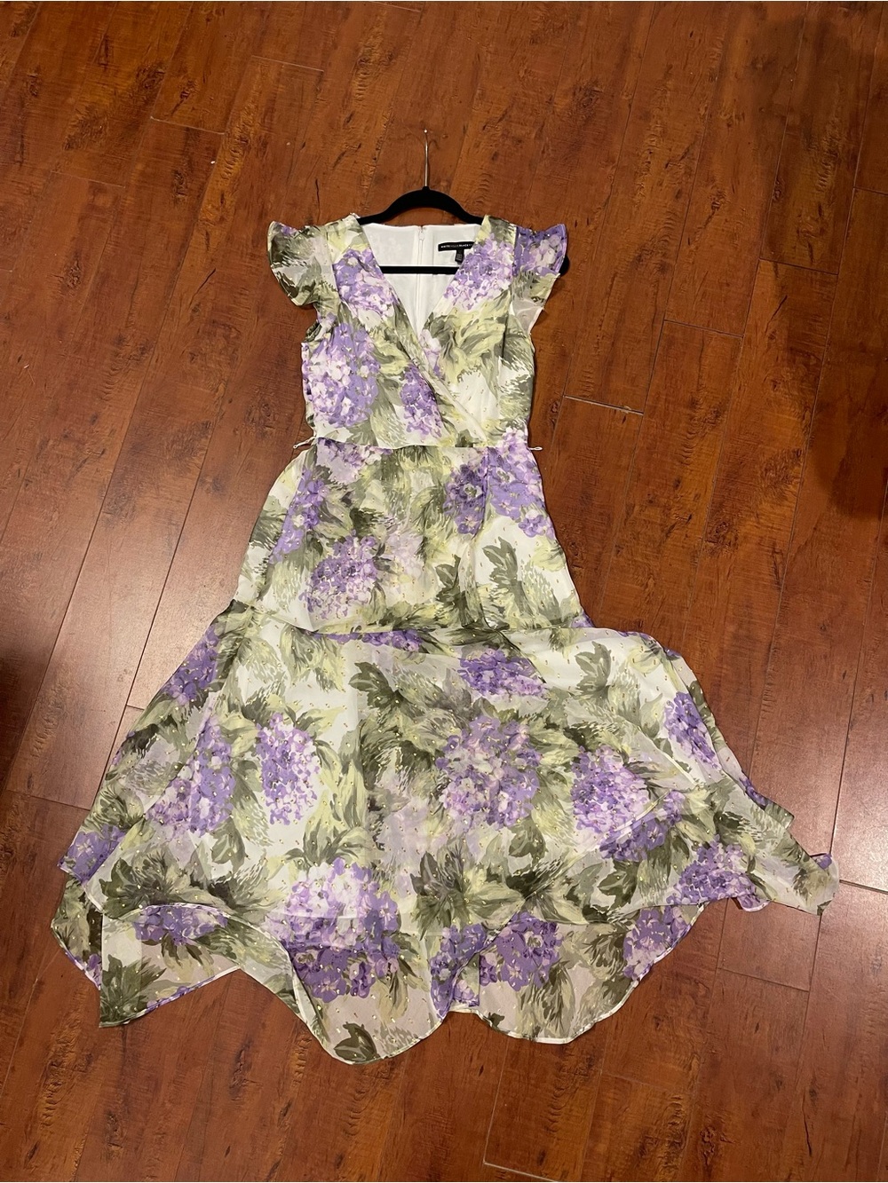 White House Black Market Lavender and Green Floral V-Neck Dress